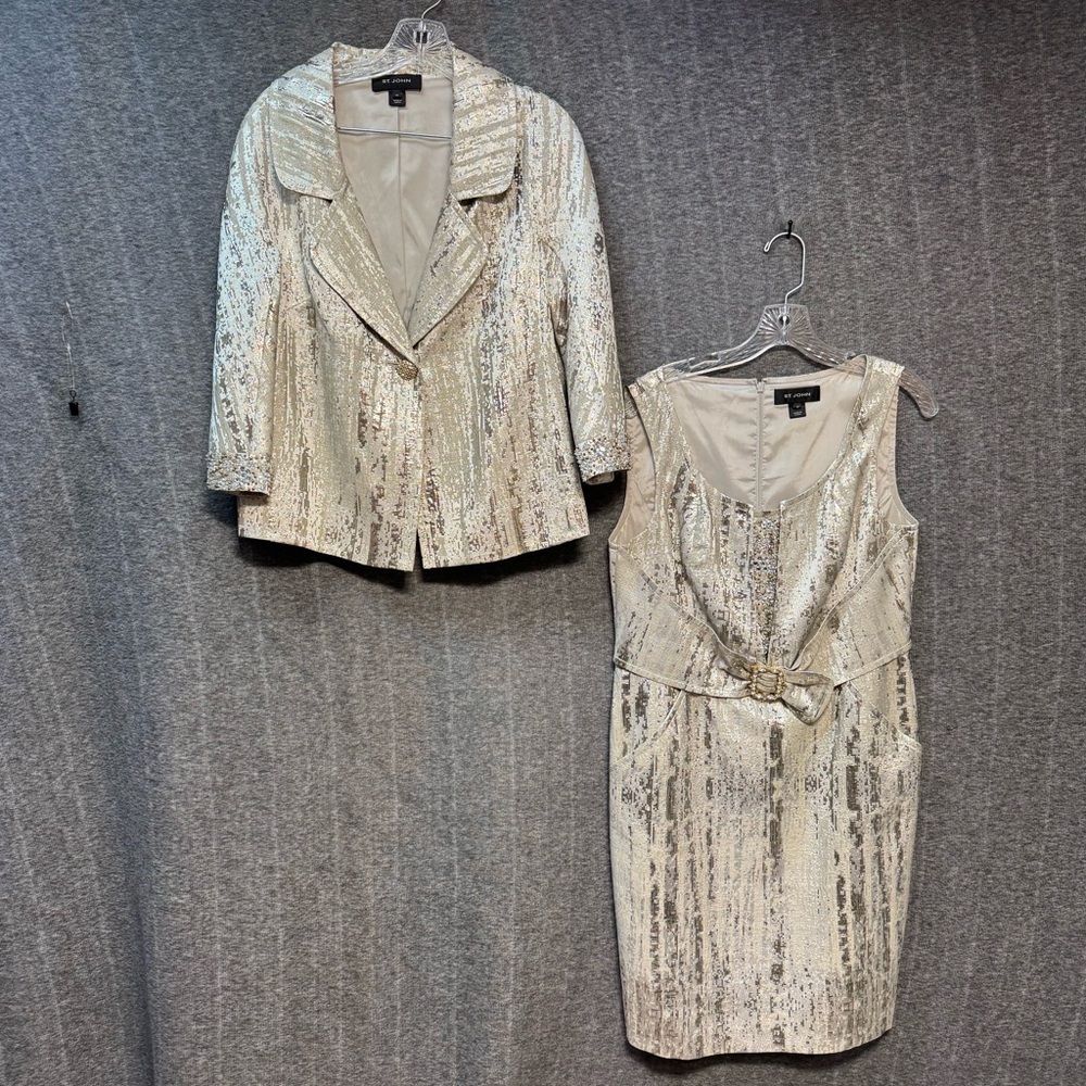 St. John Metallic Silver and Cream Midi Dress with Jacket